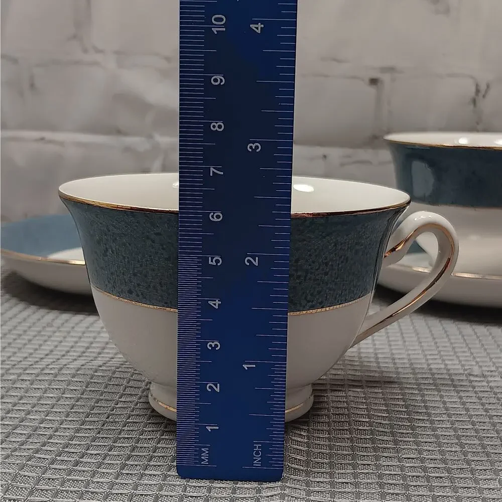 NIKKO Double Phoenix Ironstone Riviera Slate Blue Set of 2 Teacups & Saucers